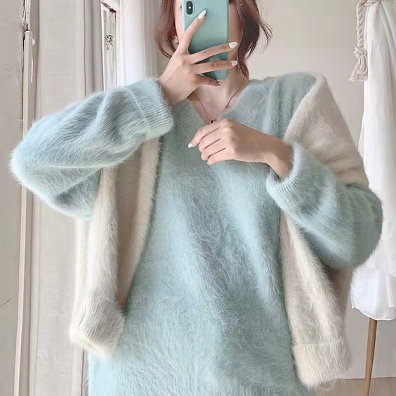 白色水貂毛v領毛衣套頭溫柔日系女冬加厚寬鬆慵懶風外穿中長款
