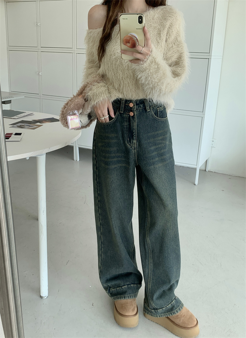 實拍 加絨加厚高腰寬鬆顯瘦墜感直筒闊腿長牛仔褲女