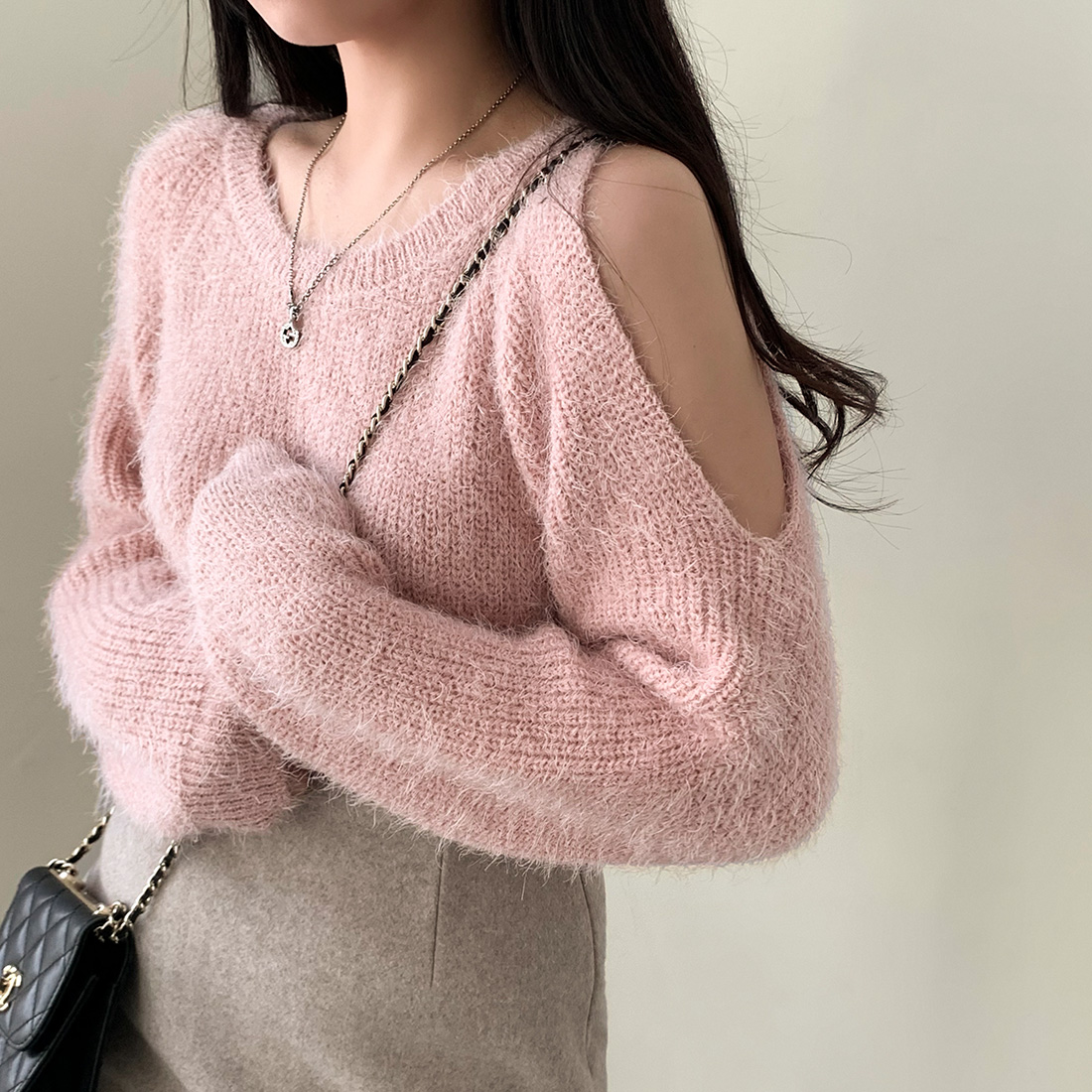 Korean chic spring sweet and gentle off the shoulder round neck sweater long sleeved imitation mink wool knitted top for women