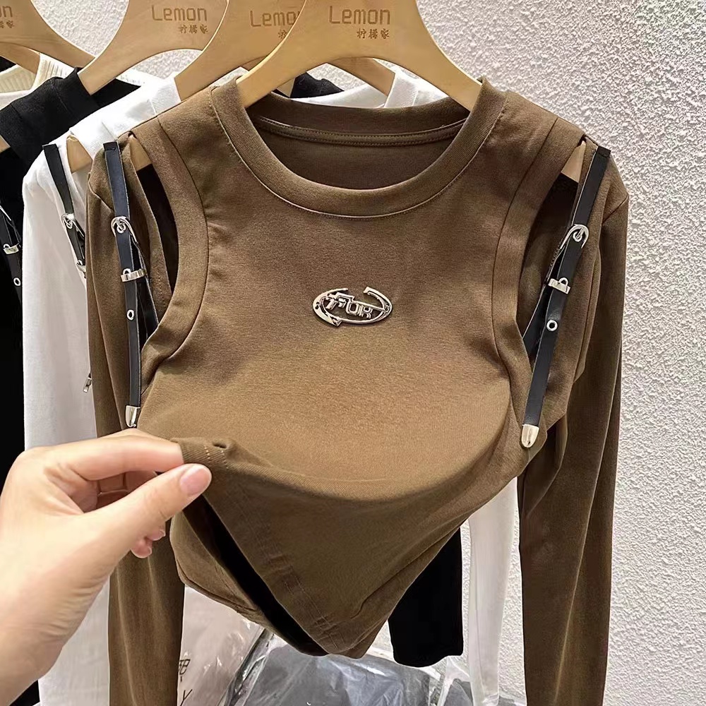 Hot girl style short spliced ​​long-sleeved T-shirt for women in early spring with hollow design niche slim fit top and bottoming shirt