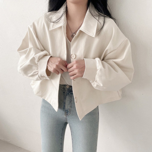 Size update chic new style French simple casual lapel loose long sleeve short outer coat