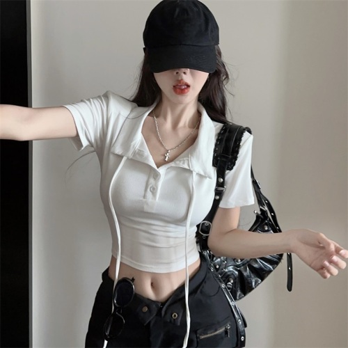 Real shot 2024 black and white polo collar pure desire T-shirt short sleeves versatile chic hot girl short sleeves