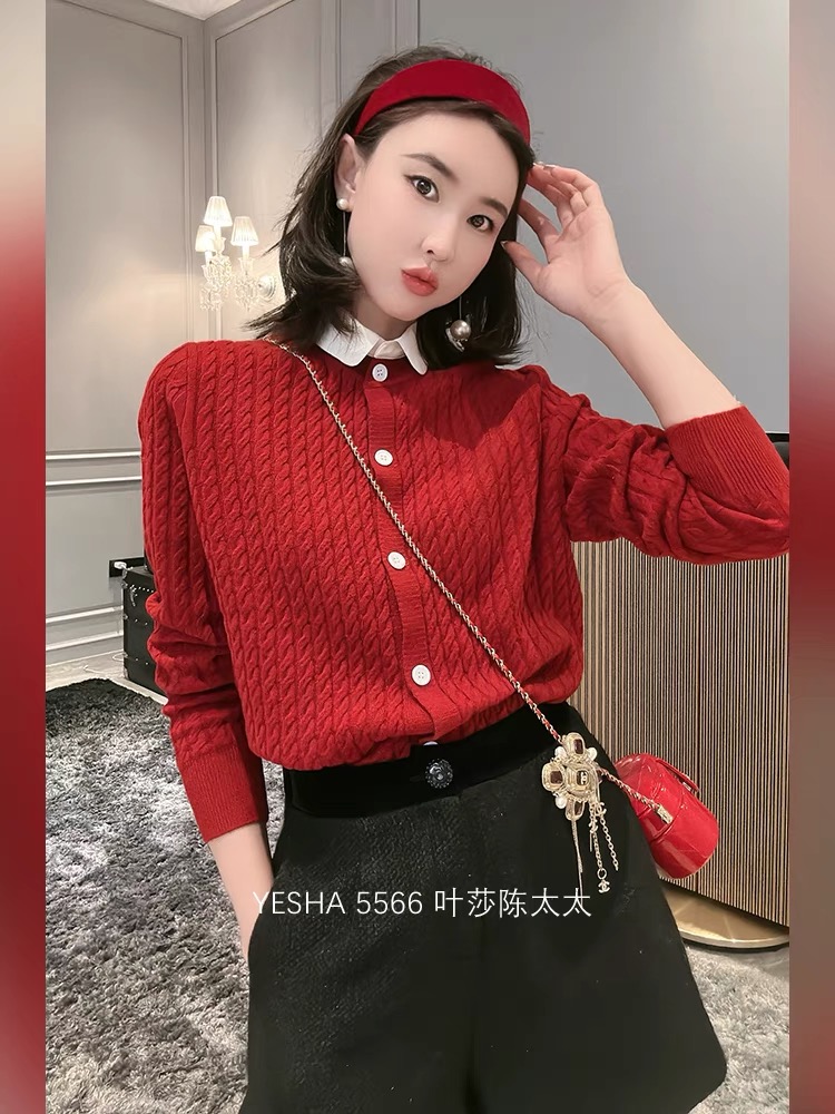 5566 Yesha European station shirt collar sweater autumn and winter new age-reducing soft waxy wool twist sweater cardigan