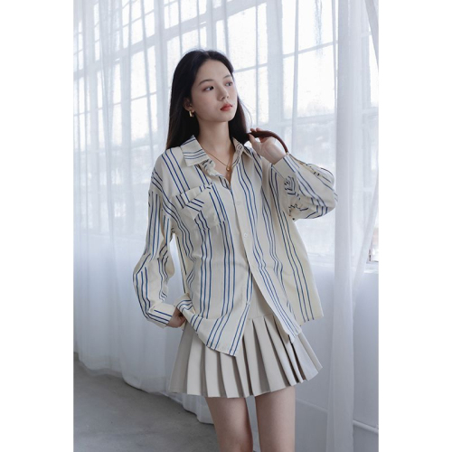 Blue striped shirt for women 2024 early spring new design niche Korean style casual long-sleeved shirt