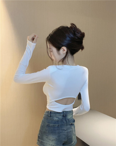 Actual shot~Spring style~hot girl hollow short backless T-shirt round neck top long-sleeved inner layering shirt