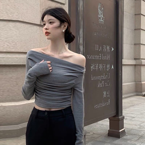 260g Modal 1*1 temperament slim and sweet one-shoulder T-shirt women's long-sleeved spring and summer new style pure desire