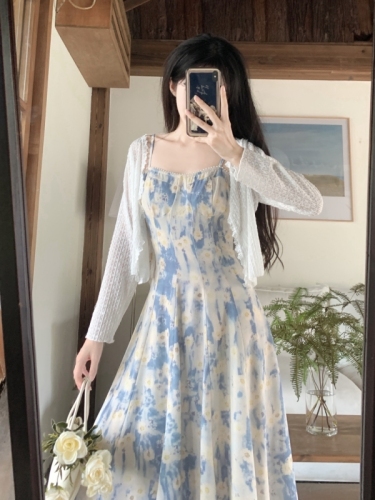Plus size women's French blue oil painting long skirt beach skirt floral suspender dress spring fairy temperament and high-end sense