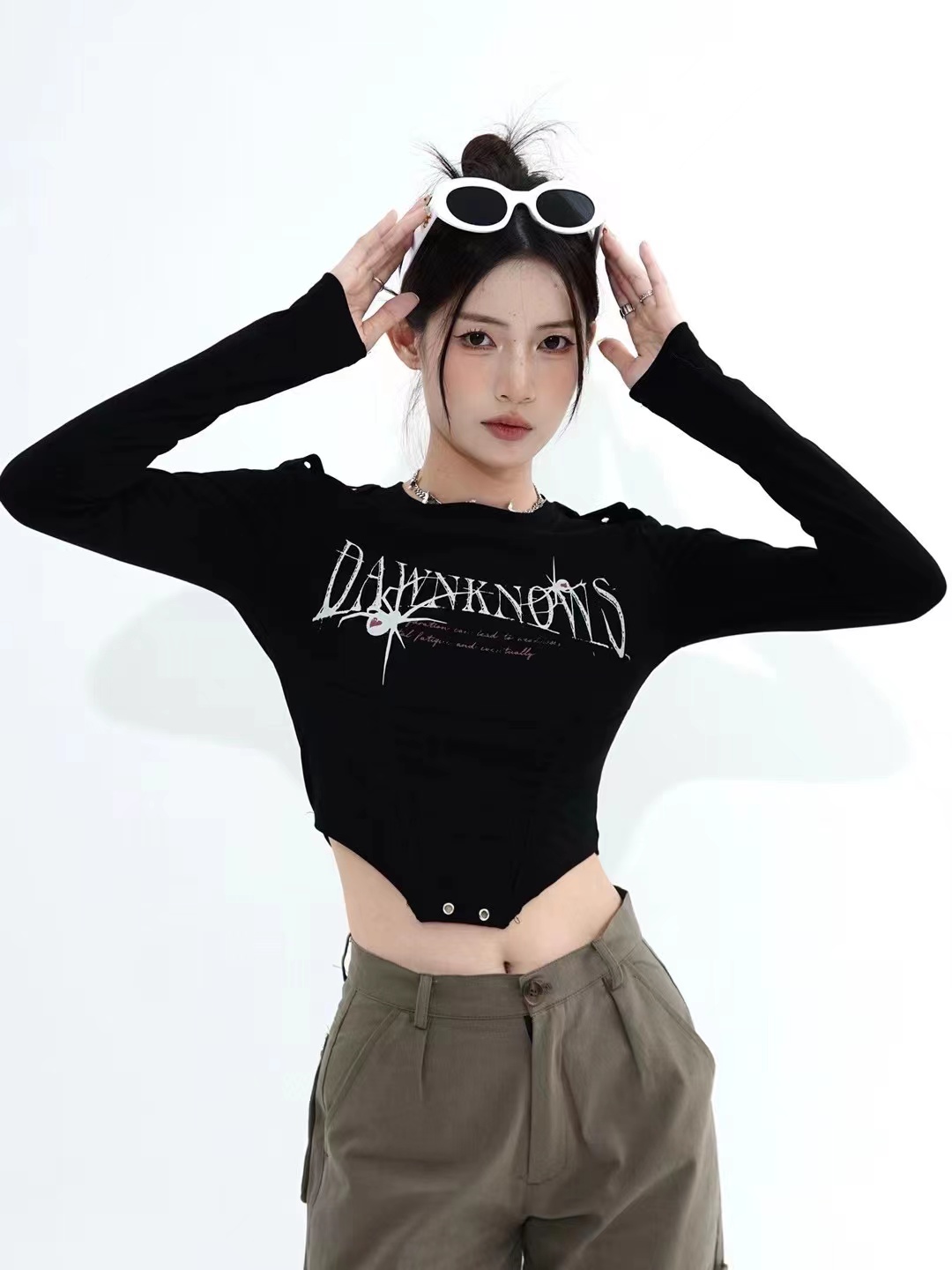 Summer and autumn American retro round neck slim fit long-sleeved tops versatile bottoming shirt T-shirt for women