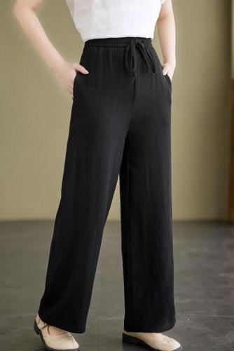 Real shot of spring and summer new large size linen wide leg pants for women, loose and slim casual pants, cotton and linen large size pants, long pants