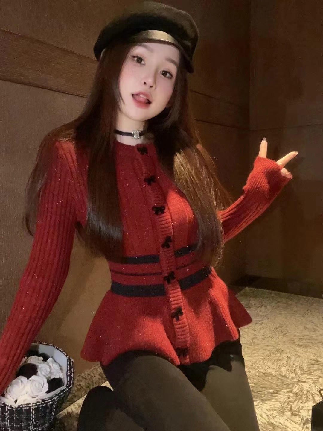 Christmas New Year Red Sweater Women's Autumn and Winter New Style Small Fashionable Waist Short Knitted Cardigan Top