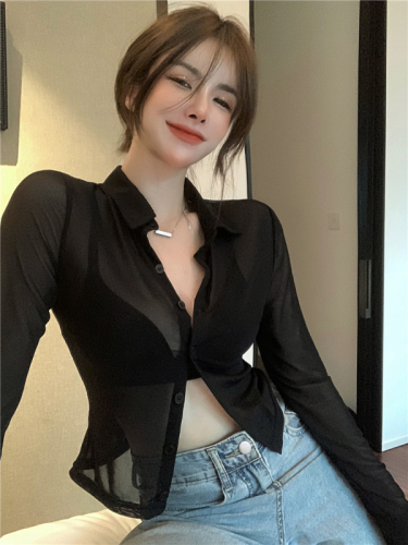 Black mesh shirt hot girl sexy sun protection shirt women summer new pure lust high waist slim chic niche top