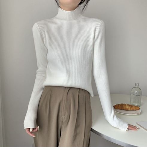 Korean half-high collar pit striped long-sleeved thick sweater base layer for women in autumn and winter slim temperament knitted inner sweater top