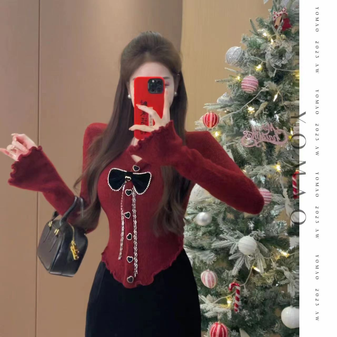 蝴蝶結紅色毛衣女秋冬2024新年衣服內搭打底上衣別致絕美針織衫