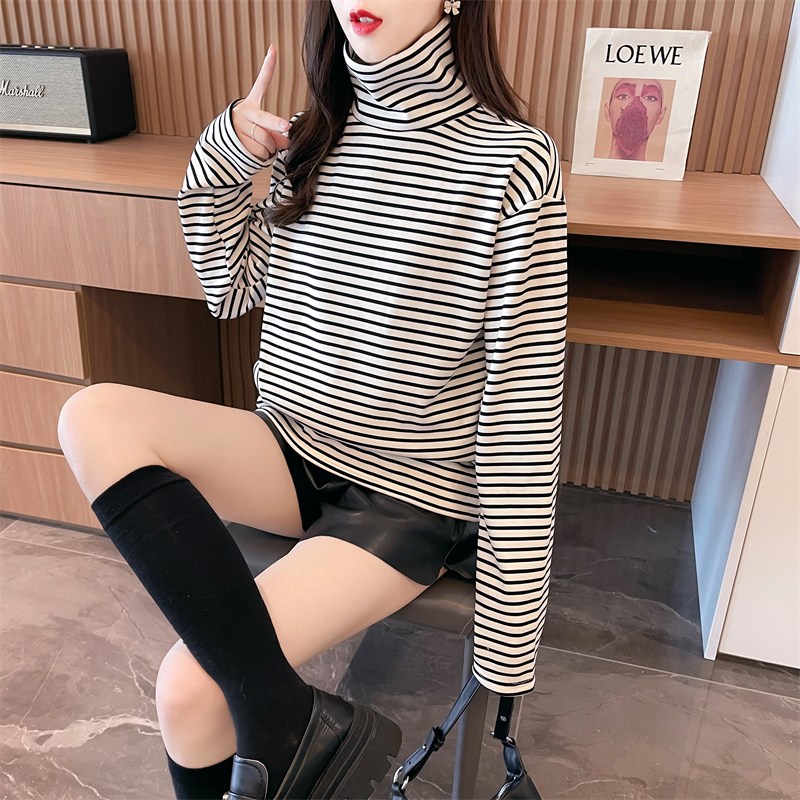Real shot 2024 spring new 280g loose double-sided German velvet turtleneck striped long-sleeved bottoming shirt T-shirt for women