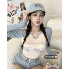 260 grams, cut as you like, Korean style hot girl v-neck cat print long-sleeved T-shirt for women, slimming, short style, contrasting colors