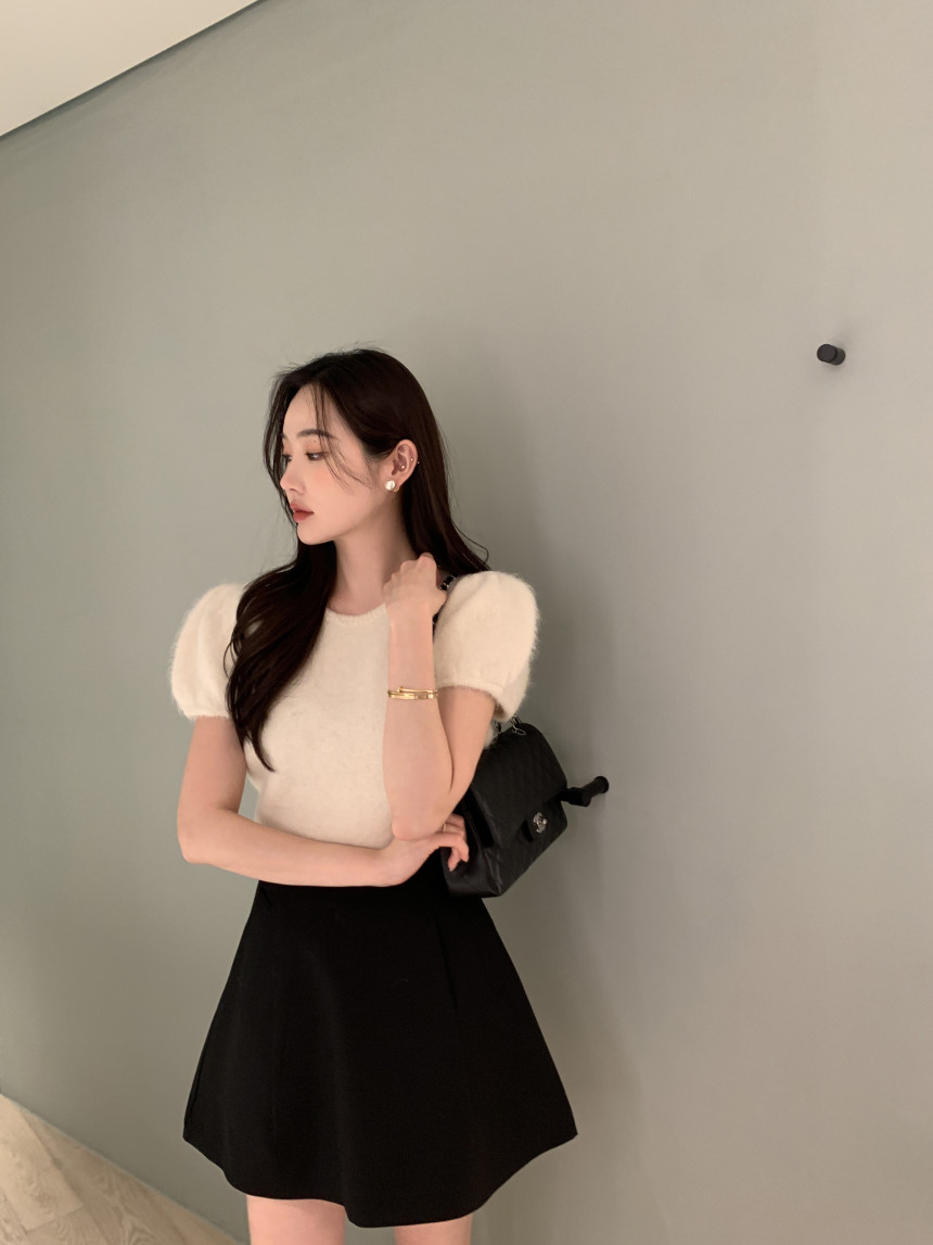 韓國chic春季新款法式復古泡泡袖毛衣