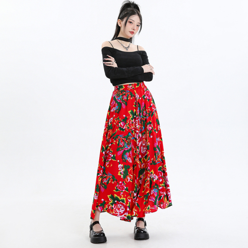 Real shot of Northeast Big Flower High Waist Long Half Skirt Women's Fat mm Casual Skirt Loose and Slim Hanging Skirt
