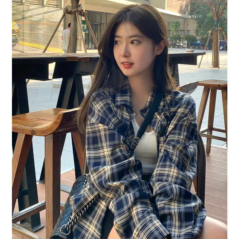 冪式穿搭格子襯衫女慵懶風復古寬鬆襯衣開衫外套長袖上衣