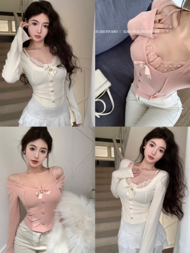 Real shot of girl's inner patchwork lace bottoming shirt for women autumn and winter bow warm fake two-piece long-sleeved top