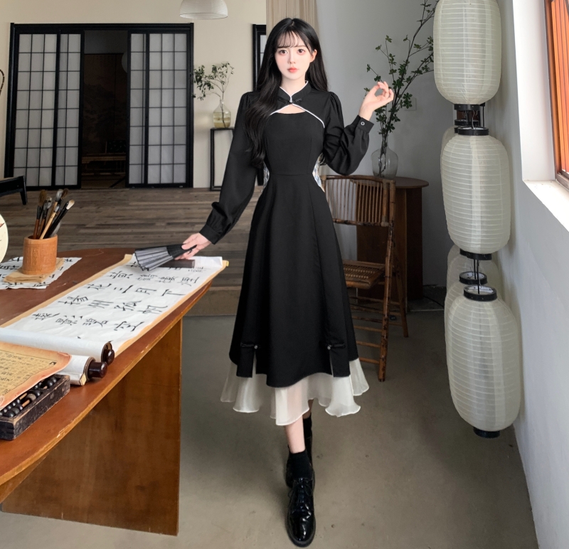 Plus size women's clothing for fat girls spring and autumn new Chinese style retro embroidery splicing improved cheongsam skirt high-end black dress