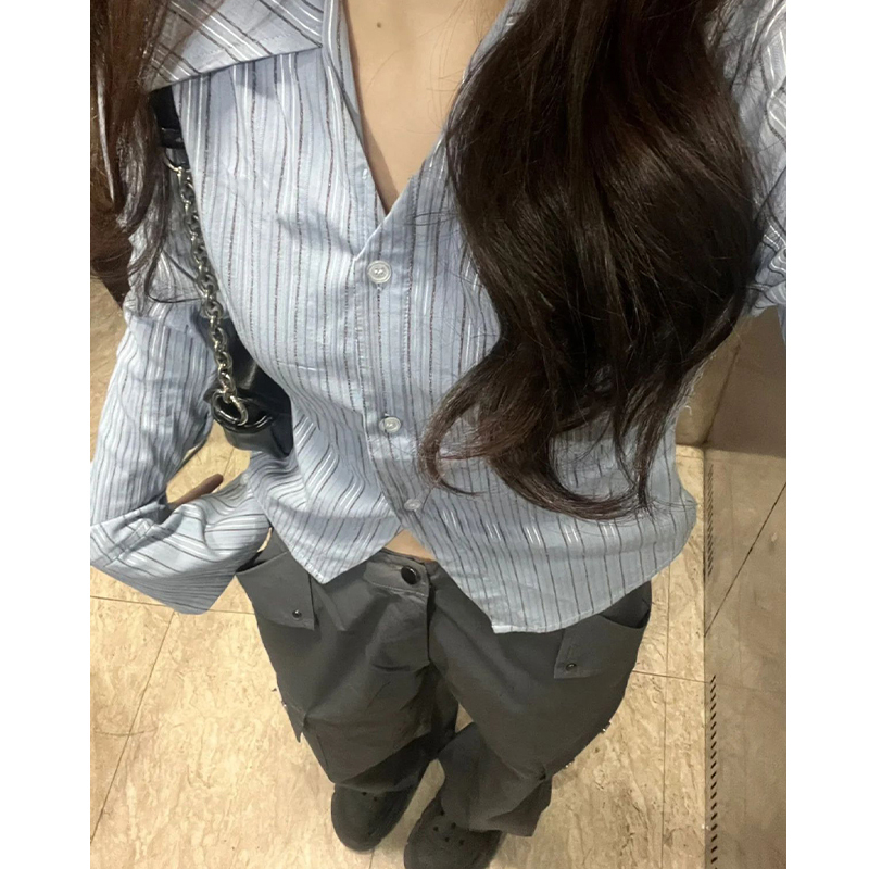 2024 New Hot Girl Tops Women Design Niche Waist Short Short Striped Shirt Women
