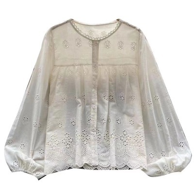 Korean ins style long-sleeved shirt spring and autumn new French retro hollow embroidery loose slimming top