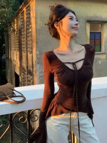 260g Modal 1*1 Winter New V-neck Bell Sleeve Irregular T-shirt Women's Slim Short Long Sleeve