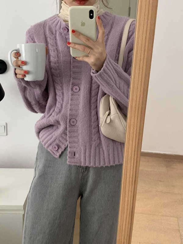 m向自製毛茸茸軟糯麻花毛衣開衫女新款寬鬆圓領保暖針織外套