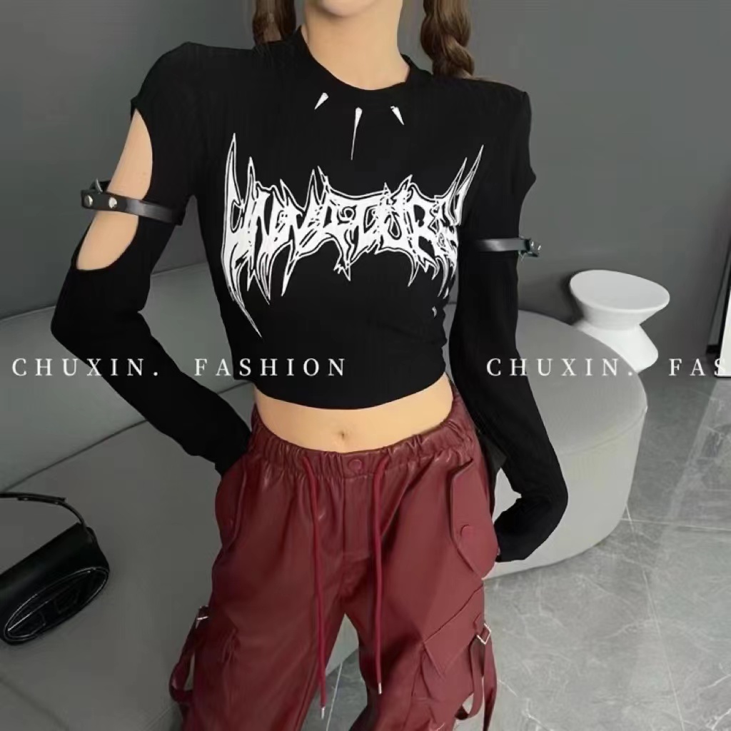 American personalized graffiti letter printed long-sleeved T-shirt autumn fashionable hollow belt accessories sleeve short top