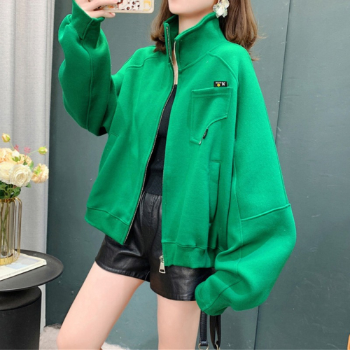 Official picture 6535 cotton 2024 spring short design solid color stand collar long sleeve thin sweatshirt for women