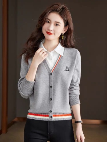 2024 early spring polo collar sweater women's tops autumn new fake two-piece fashionable wool bottoming shirt