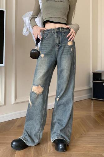Real time photo of irregular burr edge torn jeans in 2024, American retro high waisted straight leg wide leg pants, women's trend