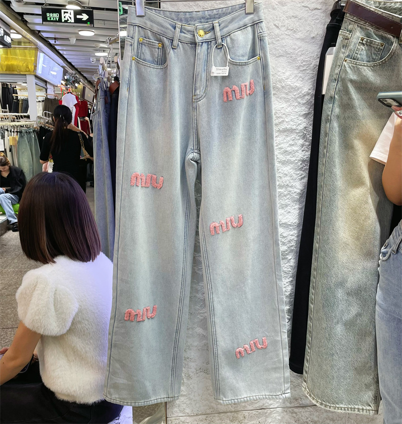 淺色牛仔褲子女春秋新款歐洲站潮時尚字母刺繡今年流行闊腿褲