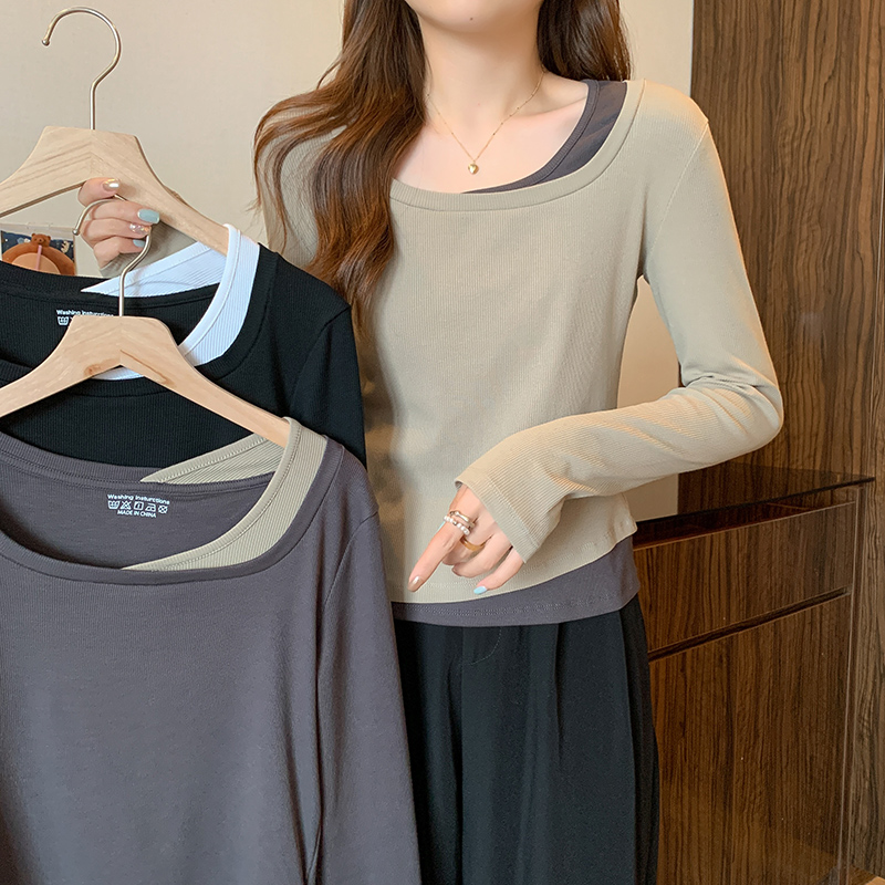 Real shot 2024 spring and summer new Korean version fake two-piece bottoming shirt round neck 260g threaded long-sleeved top T-shirt for women