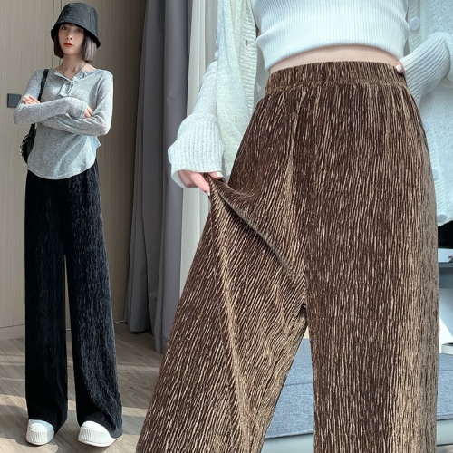 Gold velvet wide-leg pants for women 2024 spring new high-waisted loose and drapey slim elastic straight pants for small people