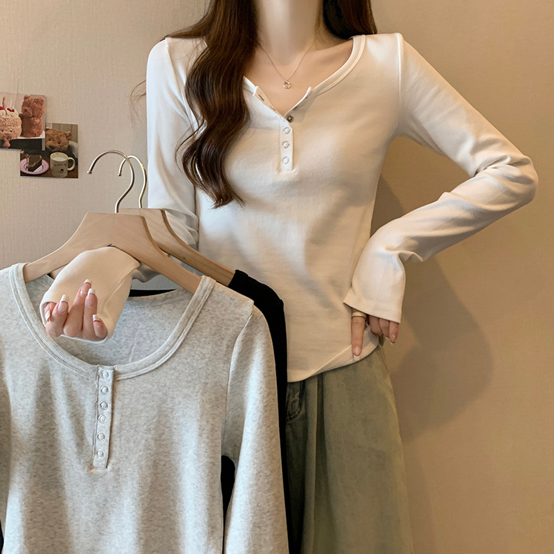 Real shot 2024 spring and summer new half-open collar button-down long-sleeved T-shirt women's square collar clavicle tight short bottoming top