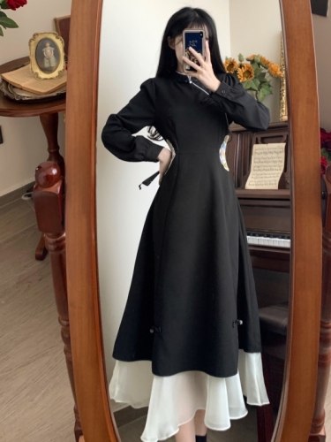 Plus size women's clothing for fat girls spring and autumn new Chinese style retro embroidery splicing improved cheongsam skirt high-end black dress
