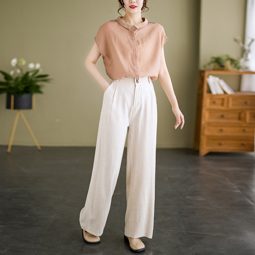 Real shot of linen wide-leg pants for women, high-waisted, thin cotton and linen pants for women, loose and slim, linen straight wide-leg pants