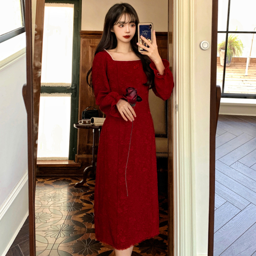 Spring and Autumn Plus Size Women's Improved Cheongsam Dress for Fat mm Retro French Style Waist Engagement Dress Long Skirt