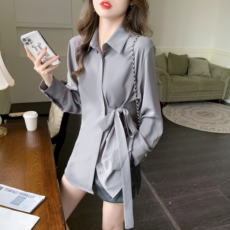 Real shot 2024 spring new French solid color chiffon shirt mid-length long-sleeved shirt for women