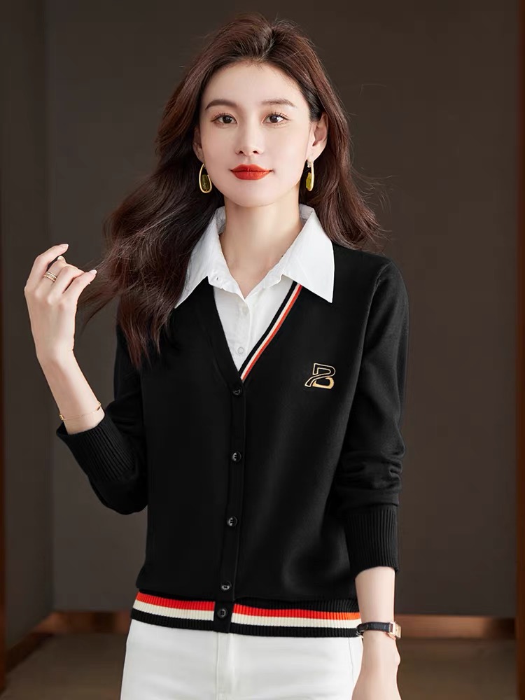 假兩件針織上衣女2024年新款秋裝羊毛衫時尚襯衫領女士毛衣打底衫