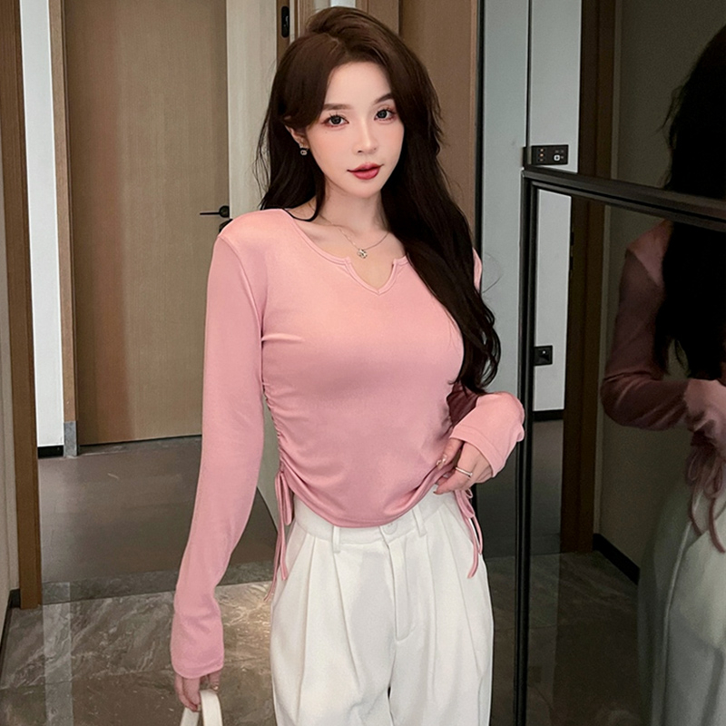 Real shot design niche drawstring v-neck right shoulder T-shirt for women in autumn and winter covering belly and slimming short long-sleeved top
