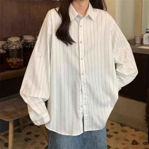 Real shot 2024 white striped long-sleeved shirt layered shirt Japanese retro small man top