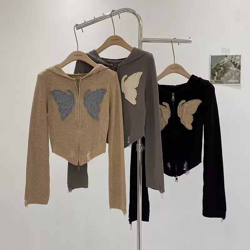 BeerBro American Hot Girl Butterfly Cardigan Sweater Women's Frayed Slim Fit Hooded Sweater
