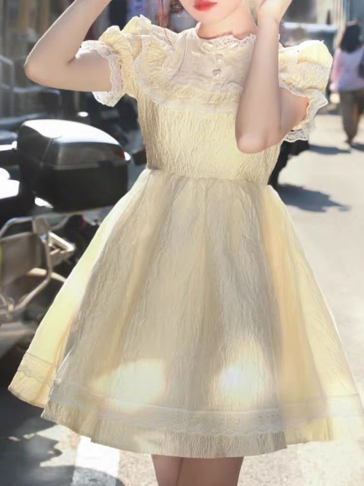 新款春夏法式甜美仙女裙蕾絲花邊提花短款公主連衣裙