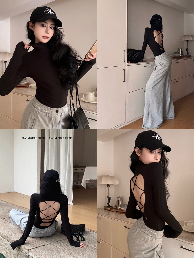 Actual shot of spring hot girl style cross-tie backless T-shirt worn outside the camera with a tight turtleneck and a bottoming shirt