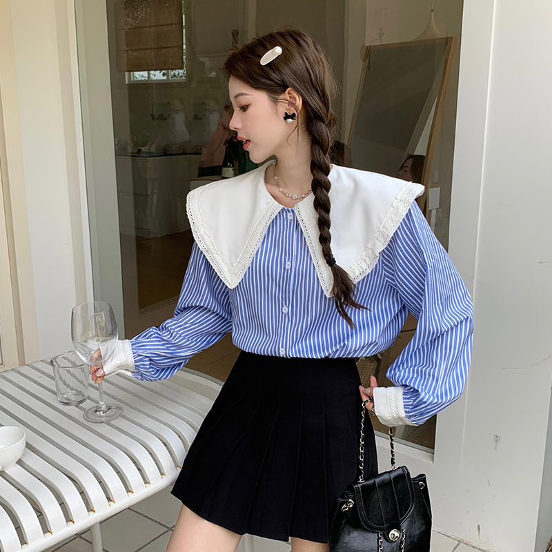 春 大碼女裝娃娃領減齡襯衫韓版寬鬆型H型條紋襯衣