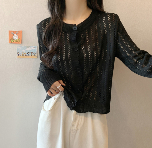 Real shot of knitted cardigan for women, thin hollow long-sleeved sun protection blouse, air-conditioning shirt top with small fragrance