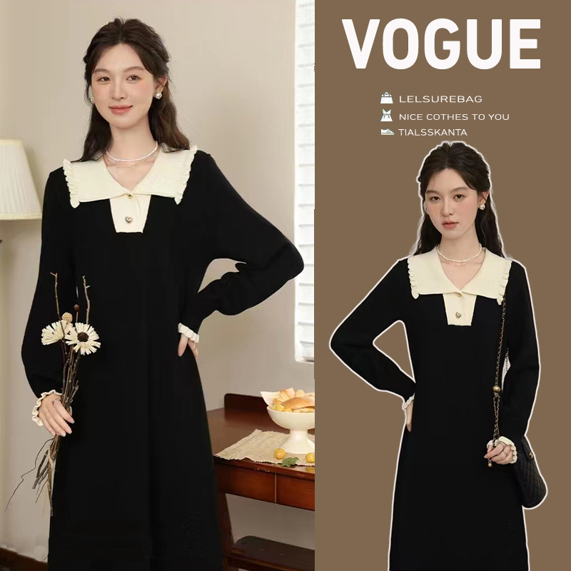 French lapel knitted dress women's new autumn and winter temperament skirt Hepburn style age-reducing inner long skirt