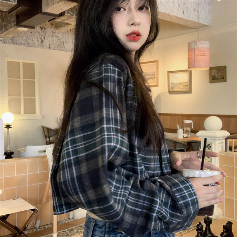 實拍65滌35棉復古格子長袖襯衫女夏季顯瘦短款防曬襯衣